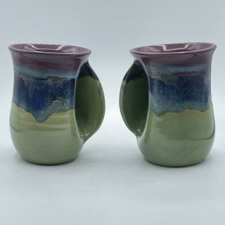Two Neher Pottery Hand Warmer Coffee Mug Purple Green Blue Right & Left Handed