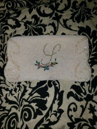Delicate Antique White Micro Glass Beaded Floral Clutch Handbag
