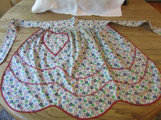 Vintage Homemade Feed Sack Half Apron Pink And Blue Flowers W/ Red Trim