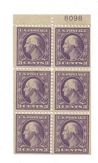 U S Stamps Scott 502b Three Cent Washington Booklet Pane W/plate No.  Cv 60.