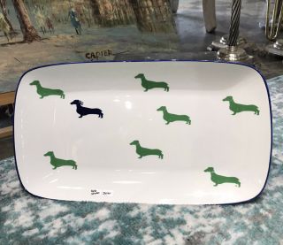 Lenox Kate Spade Ny Wickford Dachshund Dogs Accent Large Art Plate Navy & Green