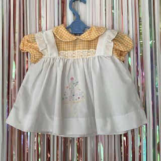 Vintage 1960s Newborn Girls Gingham Peter Pan Collar Mushroom Dress Pinafore