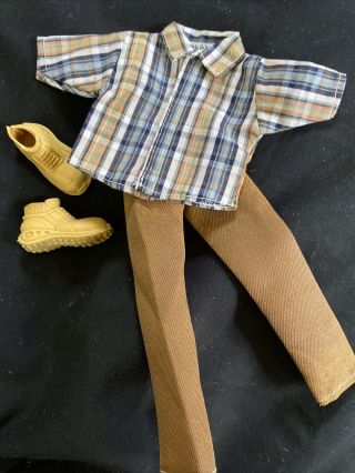 Wonderful Ken Doll Collared Plaid Shirt Tan With Blue Pants Timberland? Boots