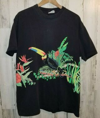 Vtg Panama Jack All Over Print Parrot Toucan Birds T - Shirt Men 