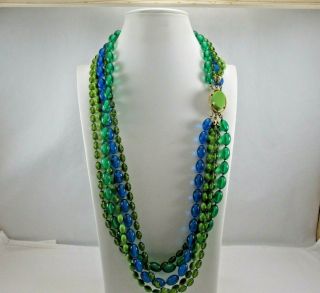 Stunning Vintage Multi Strand Blue & Greens Plastic Beaded Necklace 28 " 74q
