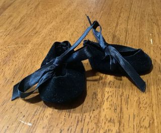 Vintage Black Velvet 2” Doll Shoes With Satin Ribbon To Tie