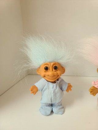 Vintage Russ Troll Dolls 2 Blue Hair Boys & Pink Hair Girl Pajamas 5 "