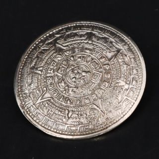 Vtg Sterling Silver - Taxco Mexico Aztec Calendar Round Brooch Pin - 4.  5g