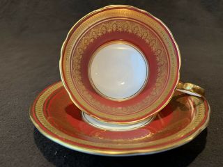 Aynsley England 7410 Romney Tea Cup & Saucer Red Gold Encrusted Read