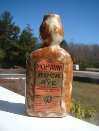 Vintage Miniature Labeled Mohawk Rock And Rye - Detroit,  Michigan Stoneware Bottle