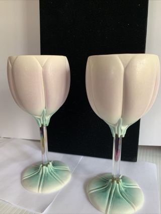 2 Newman Ceramic Tulip Wine Glasses Goblets Pink Blush Vintage Signed