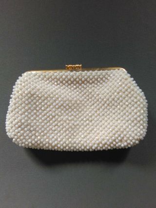 Vintage Mid Century White Beaded Clutch Made By Hand In Hong Kong
