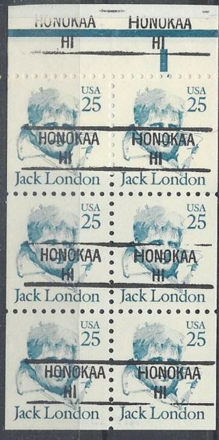 Hawaii Precancels,  25c Jack London,  Honokaa,  Type 841,  Booklet Pane