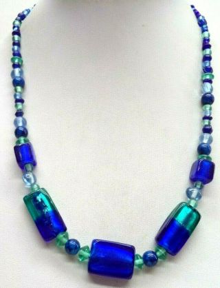 Stunning Vintage Estate Blue & Green Glass Beaded 20 " Necklace 4231r