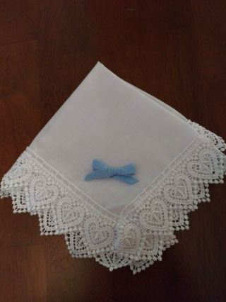White Hanky With Blue Bow Heart Lace Trim Hm Pinklady Cottage