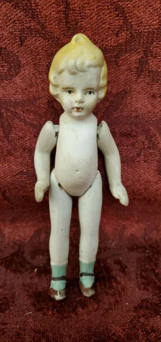 Vintage/antique Japan All Bisque Strung Doll Molded Hair Painted Features 5 "
