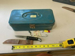 Vintage Union Metal Utility Tackle Box Model 2311 Patina With Knife Few Contents