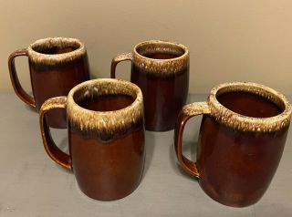 4 Vintage Hull Brown Drip Pottery 5 Inch Mugs Cups Stein Oven Proof Usa