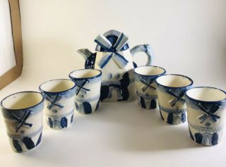 Delft Style Blue & White Dutch Windmill Teapot & 5 Cups.  Made In Japan