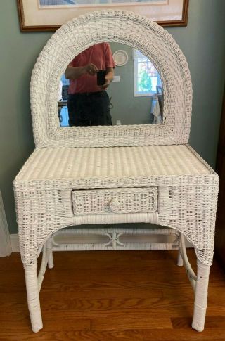 Vintage / Antique White Wicker Vanity With Mirror And Drawer
