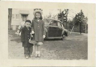2 Vintage Photos Boy Girl Hold Easter Basket By Antique Car
