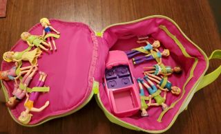 Polly Pocket Storage Carry Case Bag Zippered Organizer Green Pink With 12 Dolls