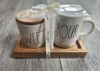 Rae Dunn Gift Set Sugar Sweet Creamer Pour Wood Lid,  Tray Kitchen Decor