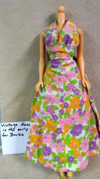 Vtg Handmade Flowered Mod Hippie Maxi Wrap Dress For Barbie Or 11.  5 " Clone Doll