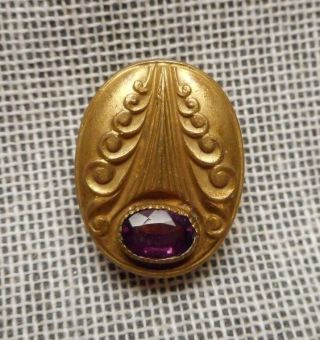 Small Antique Victorian Gold - Filled Oval Clip Brooch W/ Purple Faceted Stone
