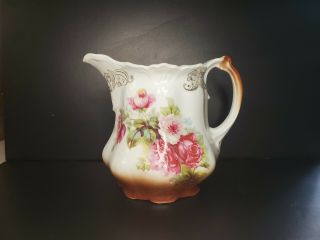 Antique Porcelain China Water/juice Pitcher Rose Design 6.  25 " H