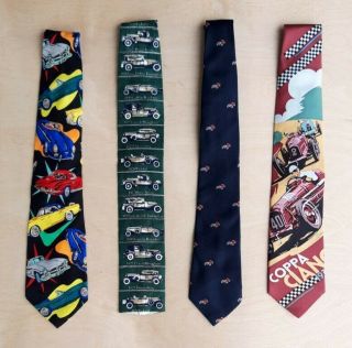 Set Of 4 Vintage Antique And Racing Car Motif Neckties Various Styles Pre - Owned