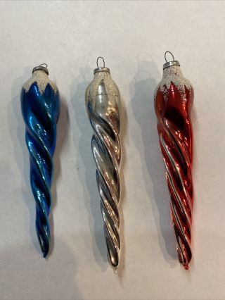 3 Vintage Japan Christmas Glass Ornaments Icicle Swirl Red/silver/blue