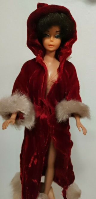 Vintage Barbie Mod Burgundy Coat Fur And Hood