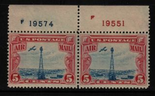 1928 Airmail Sc C11 5c Beacon Mhr Og Plate Number Pair,  Hebert Cv $20 (4d
