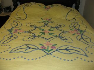 Vintage Yellow Chenille Bedspread With Flowers & Trim 90 