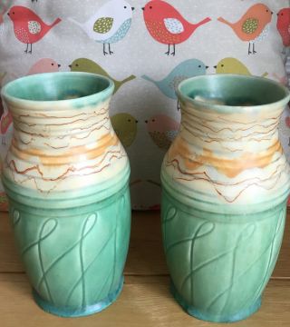 Vintage 7 Inch Beswick 484 Green/gold Vases.  Slight Damage At Base (cw)
