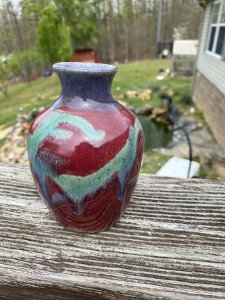 Kings Pottery,  Maroon Blue And Green Vase,  Seagrove Nc 1996