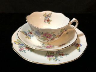 Aynsley 3pc Butterflies Flowers Cup Saucer Small Plate Gold Rim Fine Bone China