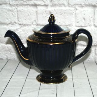 Vintage Hall Tea Pot Cobalt Blue 22k Gold Trim 6 Cup 083 Ribbed Made In Usa