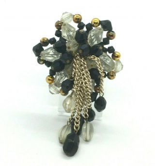 Vintage Hand Made Acrylic Bead Dangle Brooch Pin Black Retro Costume Jewellery