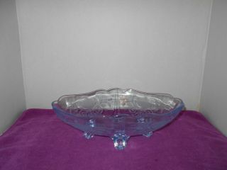 Antique/vintage Footed Blue Tint Glass Serving Bowl W/white Etchings