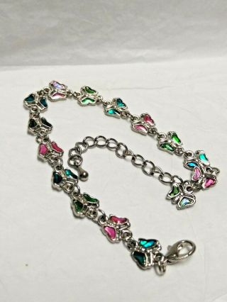Vintage Silver Tone And Abalone Butterfly Anklet