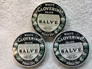 3 Vintage 1 Oz.  White Cloverine Brand Tins,  35 And 65 Cents,  Wilson Chemical Co.