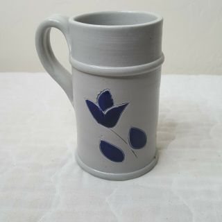 Williamsburg Pottery Salt Glazed Blue Tulip Design Coffee Mug Tea Cup 5.  25 X 2.  5
