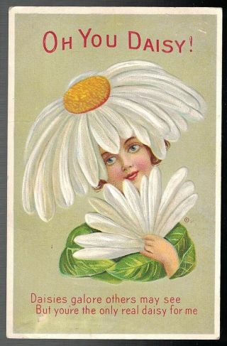 Antique 1910 Oh You Daisy Girls Face In Flowers Greetings E.  Nash Postcard