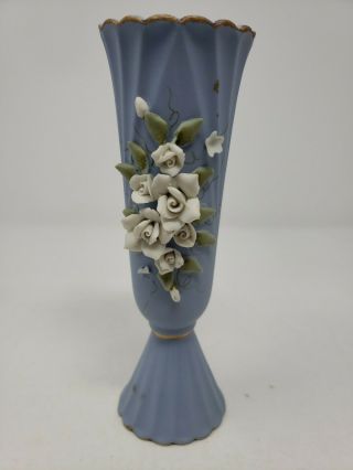 Vintage Blue Lefton Bud Vase Raised White Roses Hand Painted Rare Color