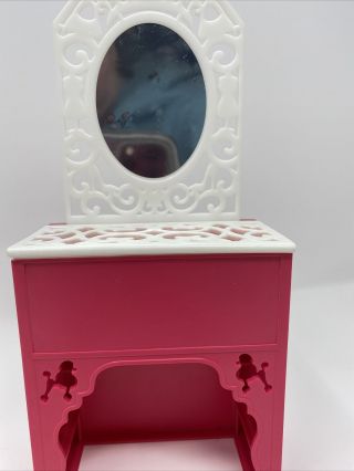 Barbie VANITY with POP UP MIRROR Pink Poodle White Dresser Desk 2018 Dream House 2