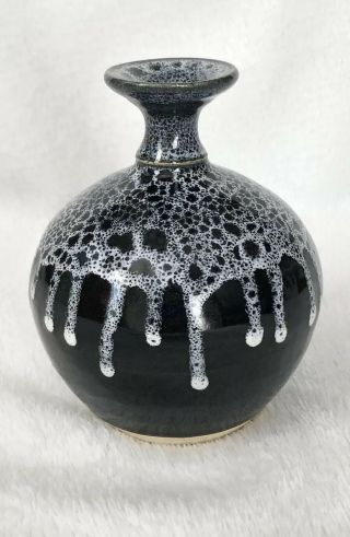 Studio Art Pottery Weed Vase Black White Drip Glaze Signed Nulton Hand Thrown 5”