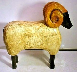 Vintage Wood Wooden Folk Art Carving Of Sheep?,  Ram?,  Goat? With Big Horns