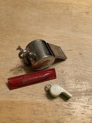 Vintage Red Metal Tin Cracker Jack Whistle; Mini Plastic Whistle; Metal Japan
